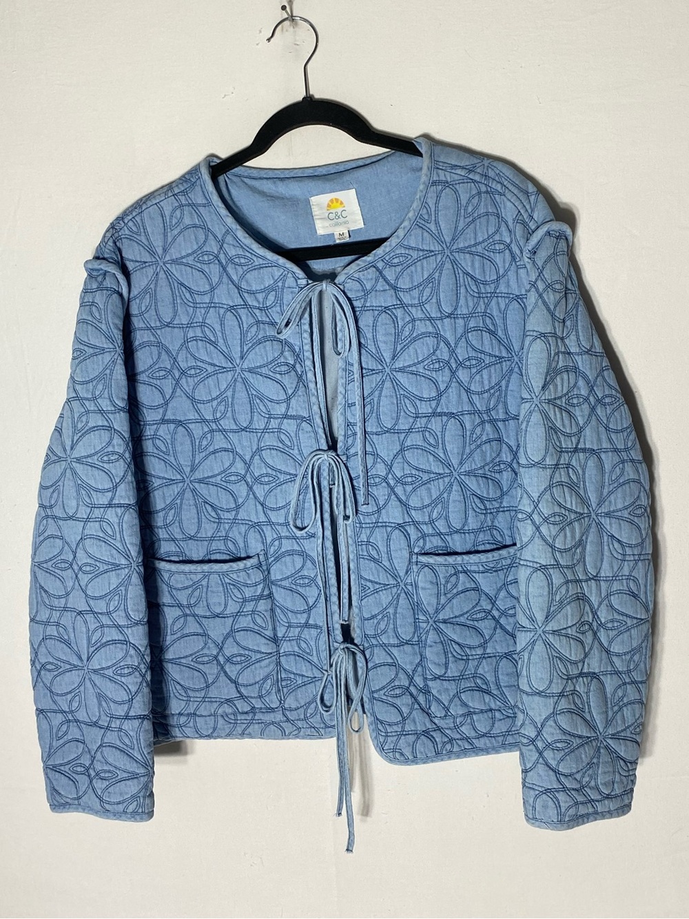 C&C California Light Blue Chambray Denim Quilted Tie Front Jacket M Cottagecore